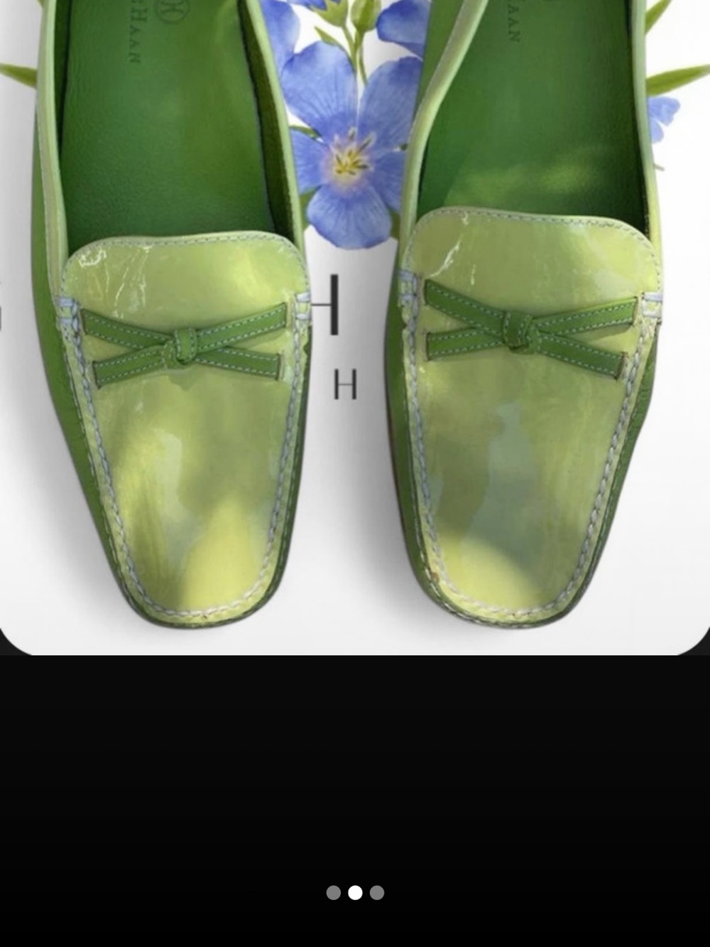 Cole Haan NWOT Sz 8B
Green Patent Leather Women's Loafers - Classic Bow Detai